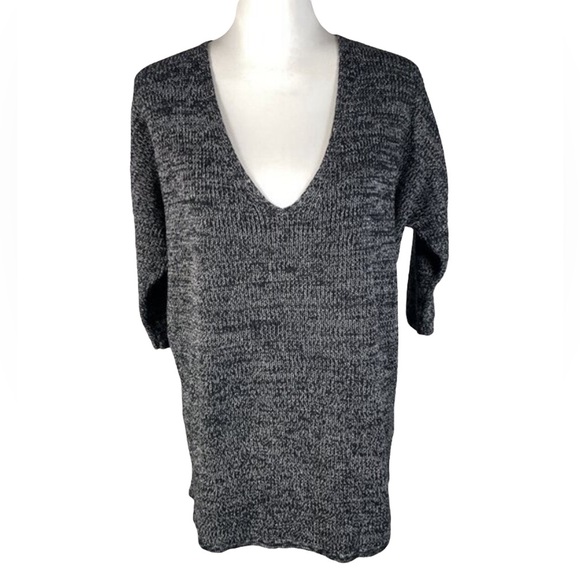 Express Black White Marled Deep V Neck Short Sleeve Pullover Sweater SP - Picture 1 of 13